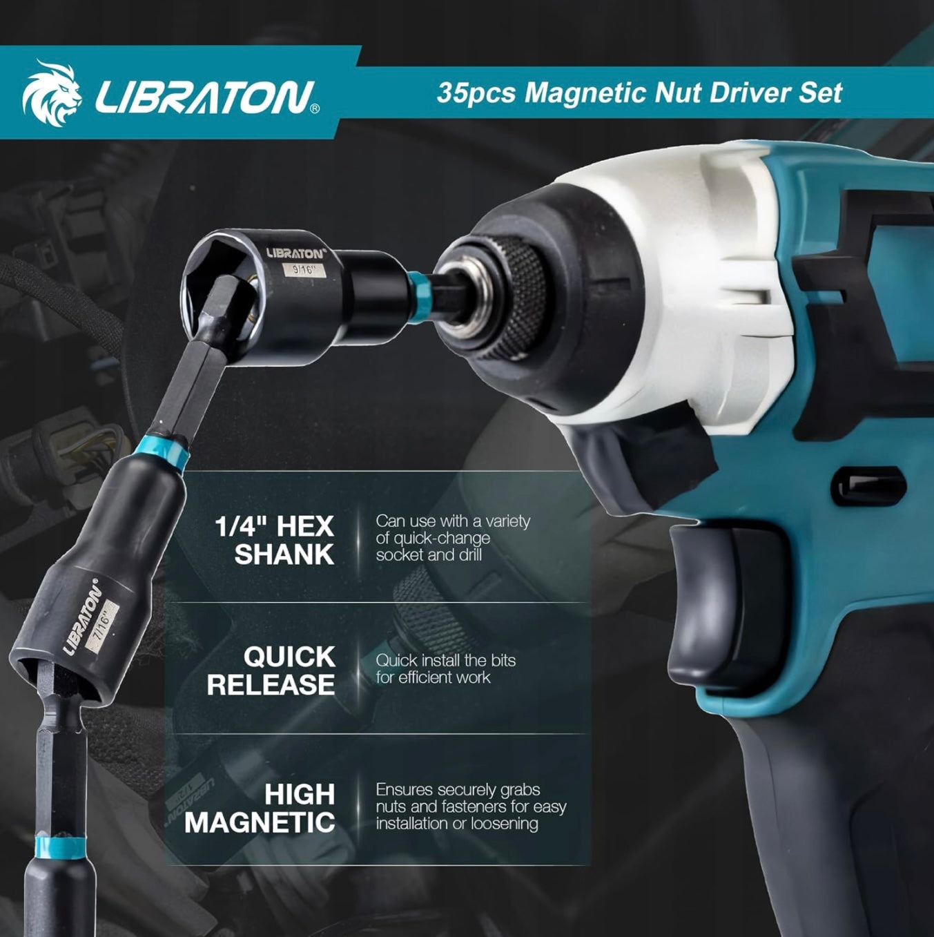 LIBRATON 35Pc Magnetic Nut Driver Set- Metric & SAE w/ Wing Nut Driver, Bit Holder, Drill Bit PH1 & PH2, Toolbox
