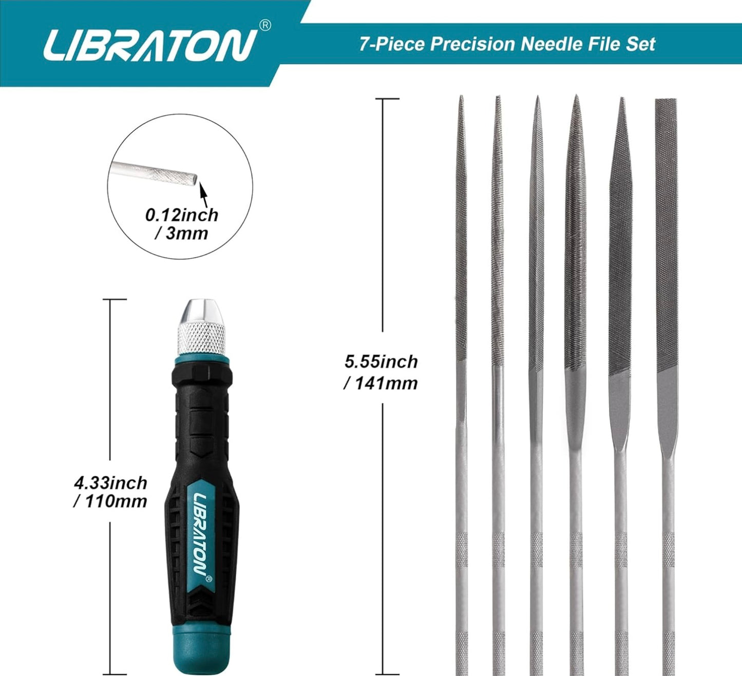 LIBRATON 7PC Interchangeable Needle File Set w/ Handle