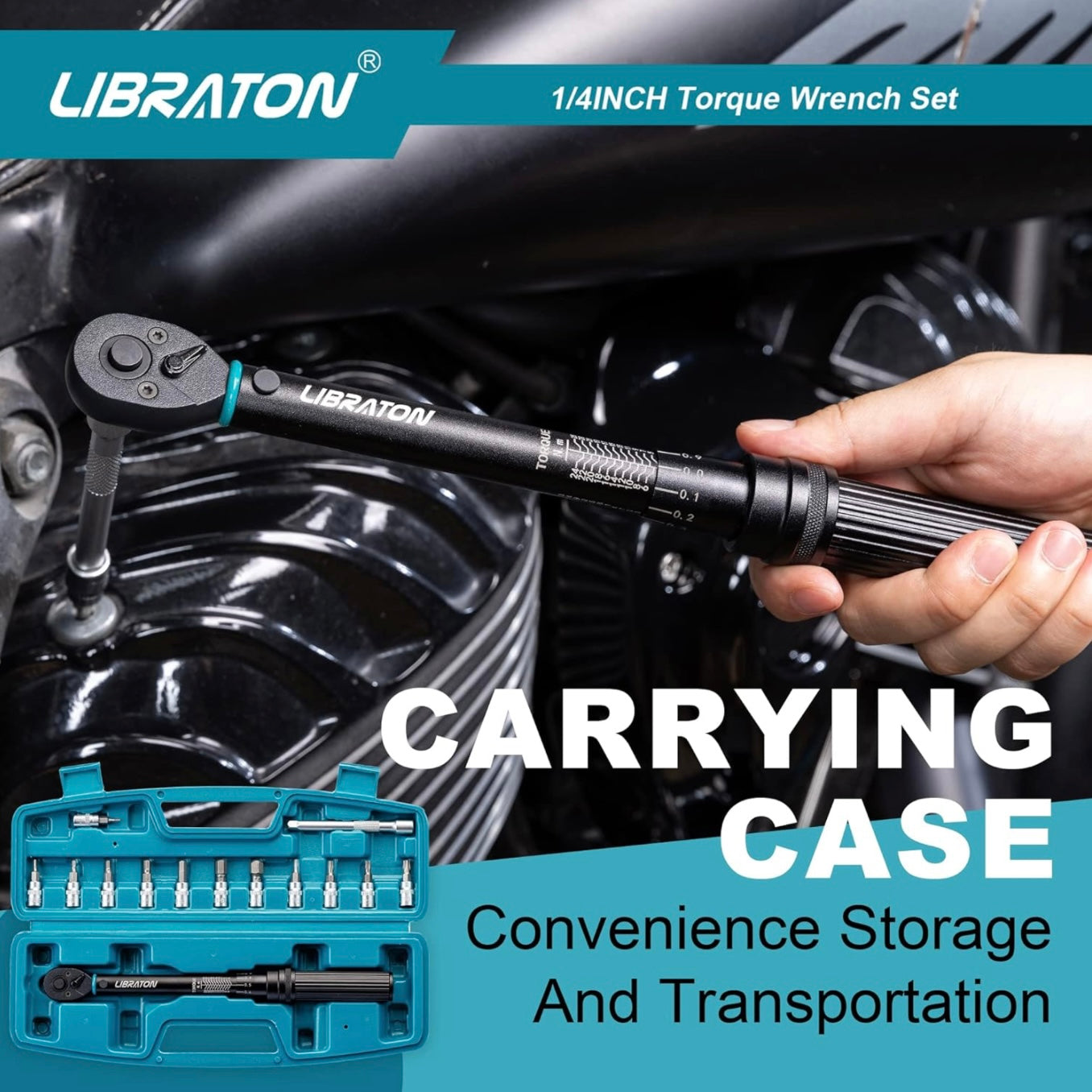 LIBRATON 14PC 1/4” Drive Click Torque Wrench Set, 5-25Nm w/ Hex, Torx, Star Bit Sockets, Extension Bar