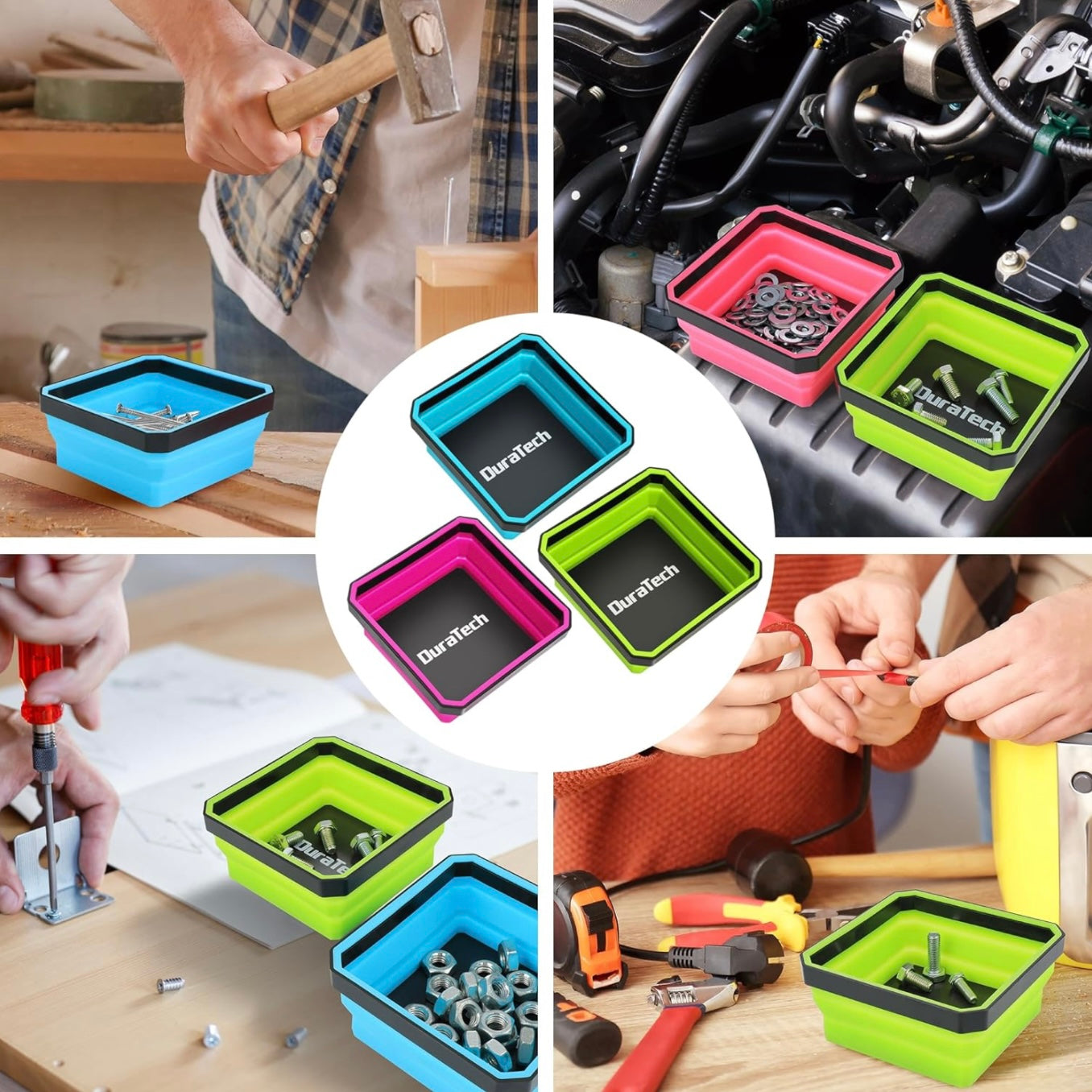 DURATECH 3PK Magnetic Silicone Foldable Parts Tray Set w/ Double-Sided Magnetic Base