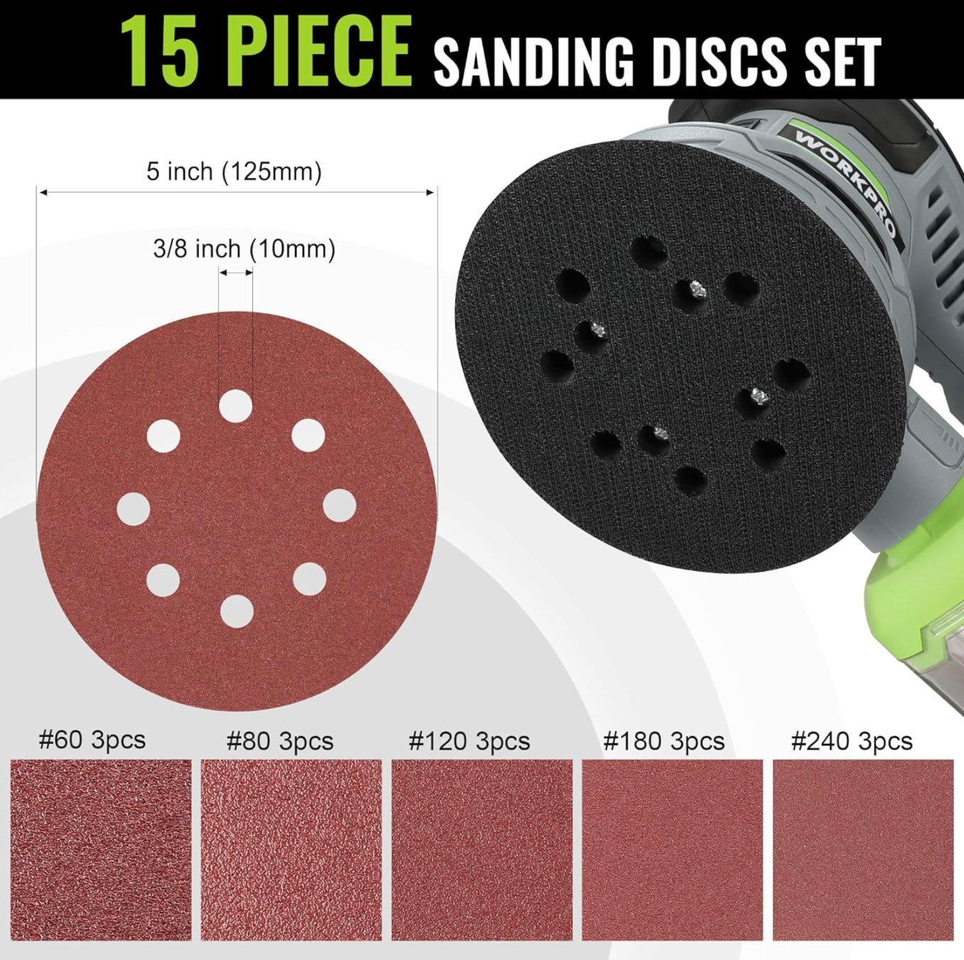 WORKPRO 300W 5” Random Orbit Sander w/ Dust Collector, 15pcs Sandpapers