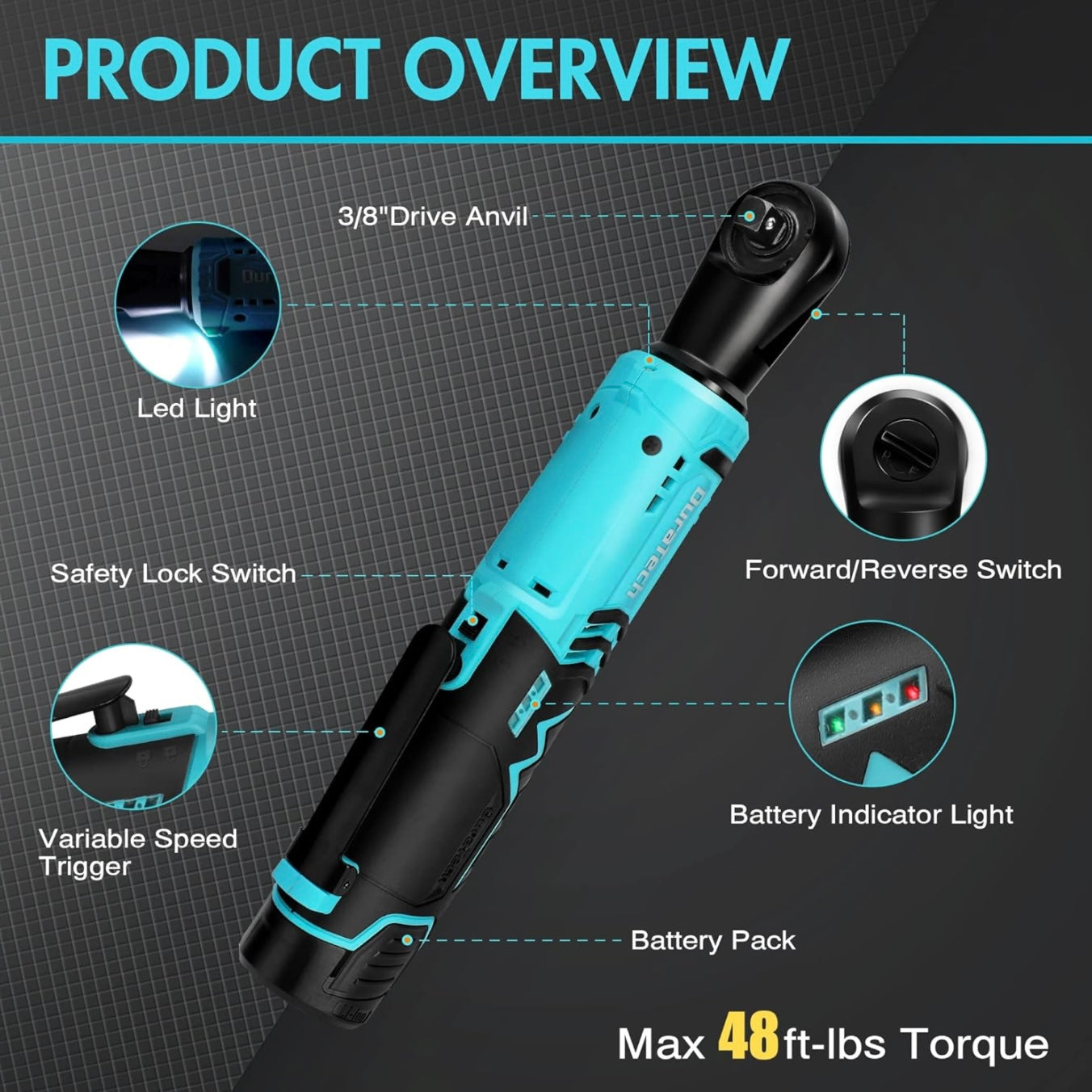 DURATECH 12V 3/8” Cordless Electric Ratchet Wrench Set w/ 2PCS 2.0Ah Li-Ion Battery, Fast Charger, 8PCS Sockets, Extension Bar, Adapter