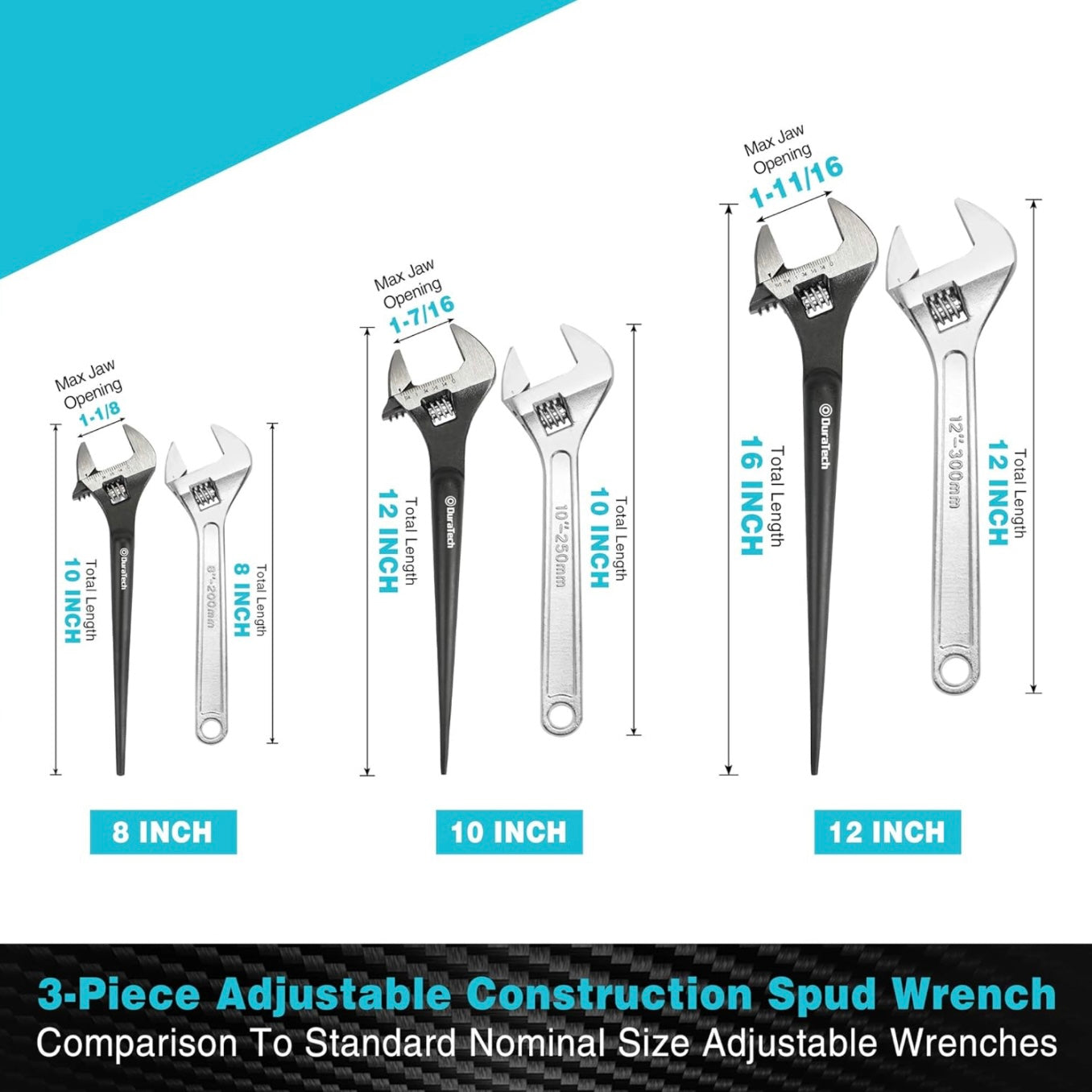 DURATECH 3PC Adjustable Construction Spud Wrench Set - 10”, 12”, 16”