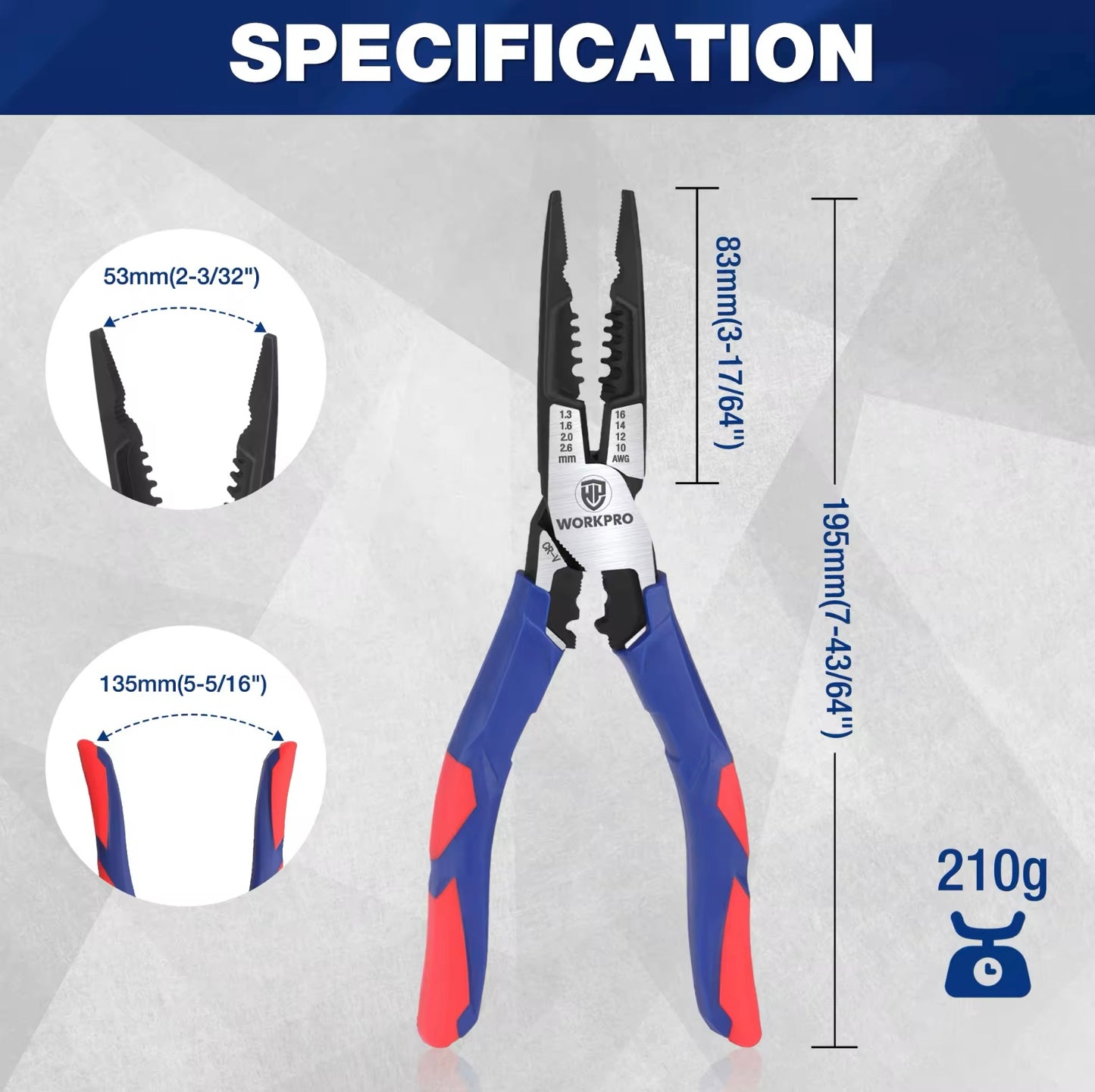 WORKPRO 8” Multifunctional Long Nose Pliers w/ Wire Cutter, Stripper, Crimper