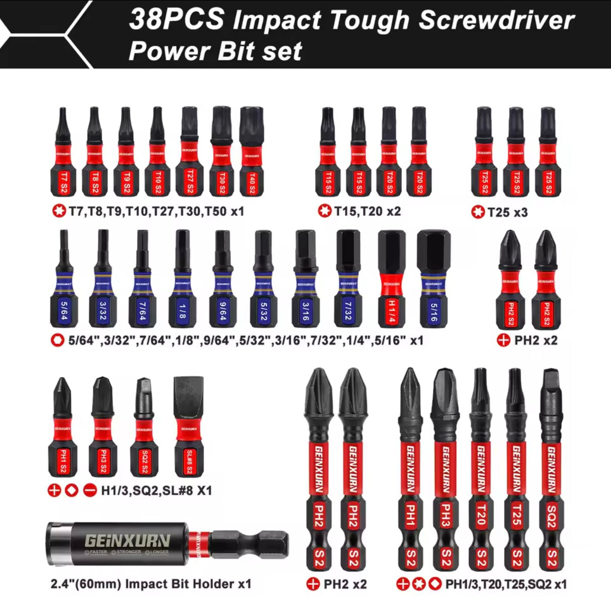 GEINXURN 38PC Impact Driver Bit Set w/ 2.4” Bit Holder Extension