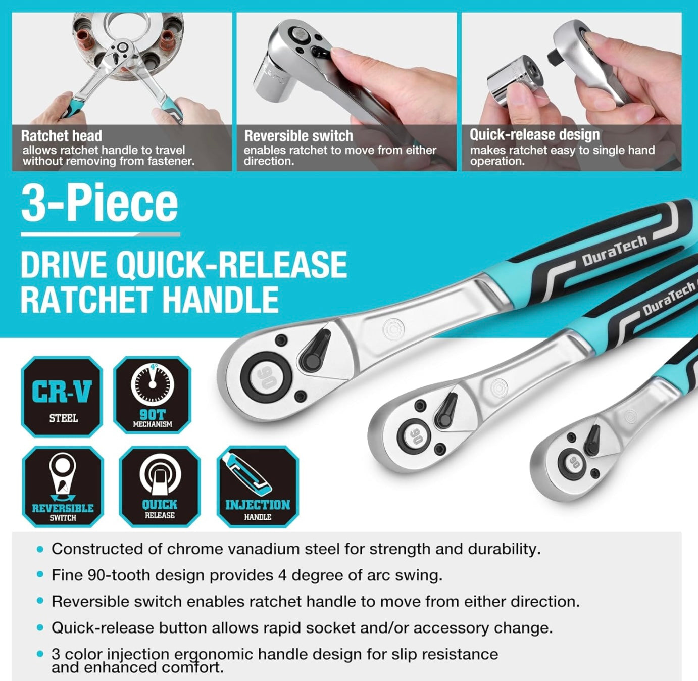 DURATECH 3-Piece Drive Ratchet, 1/4", 3/8", 1/2" Drive w/ Cushion Injection Handle