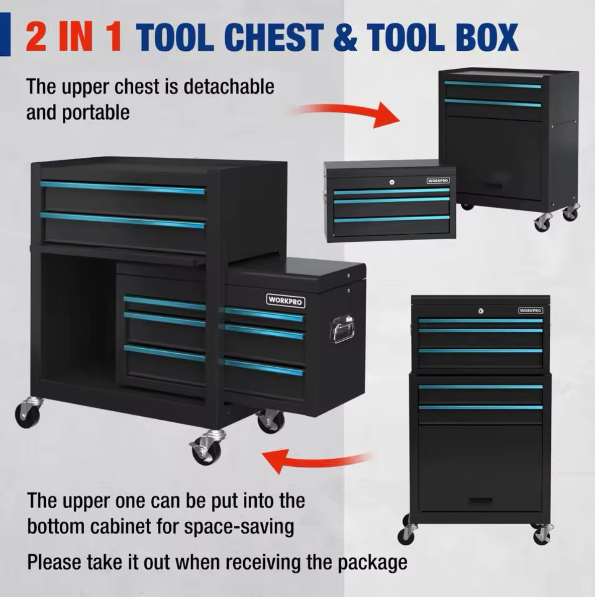 WORKPRO 5-Drawer 2-In-1 Rolling Removable Tool Chest & Cabinet