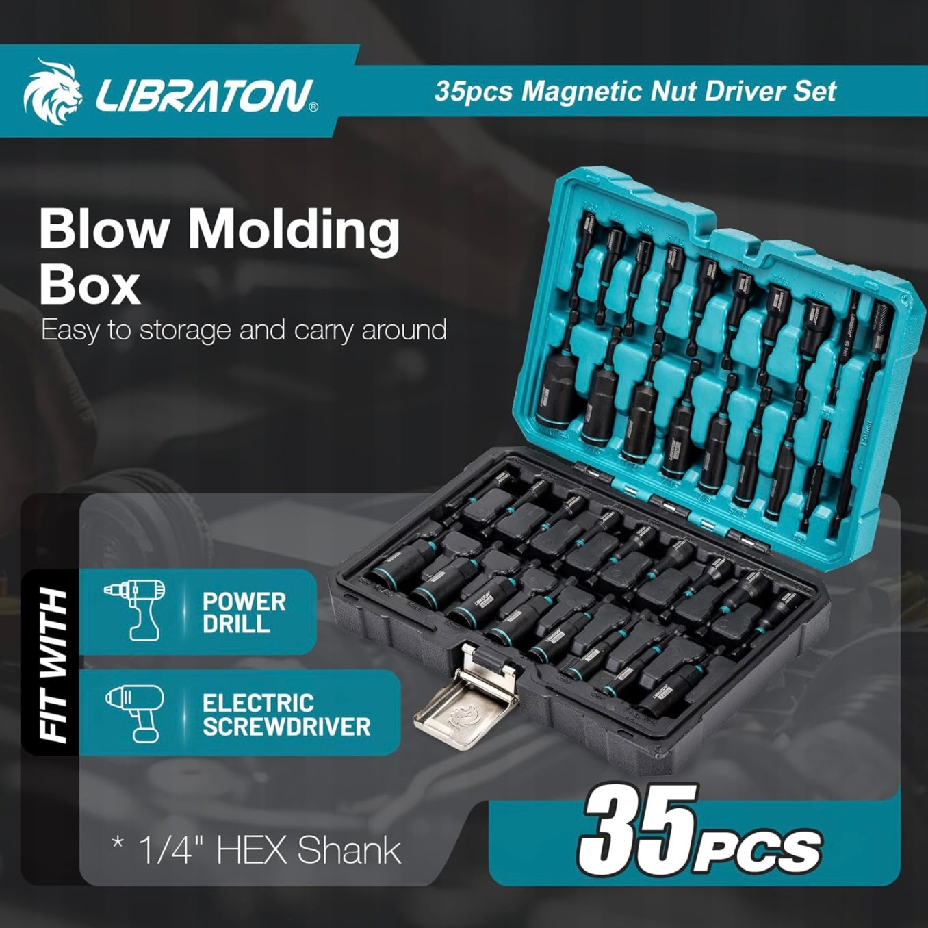 LIBRATON 35Pc Magnetic Nut Driver Set- Metric & SAE w/ Wing Nut Driver, Bit Holder, Drill Bit PH1 & PH2, Toolbox