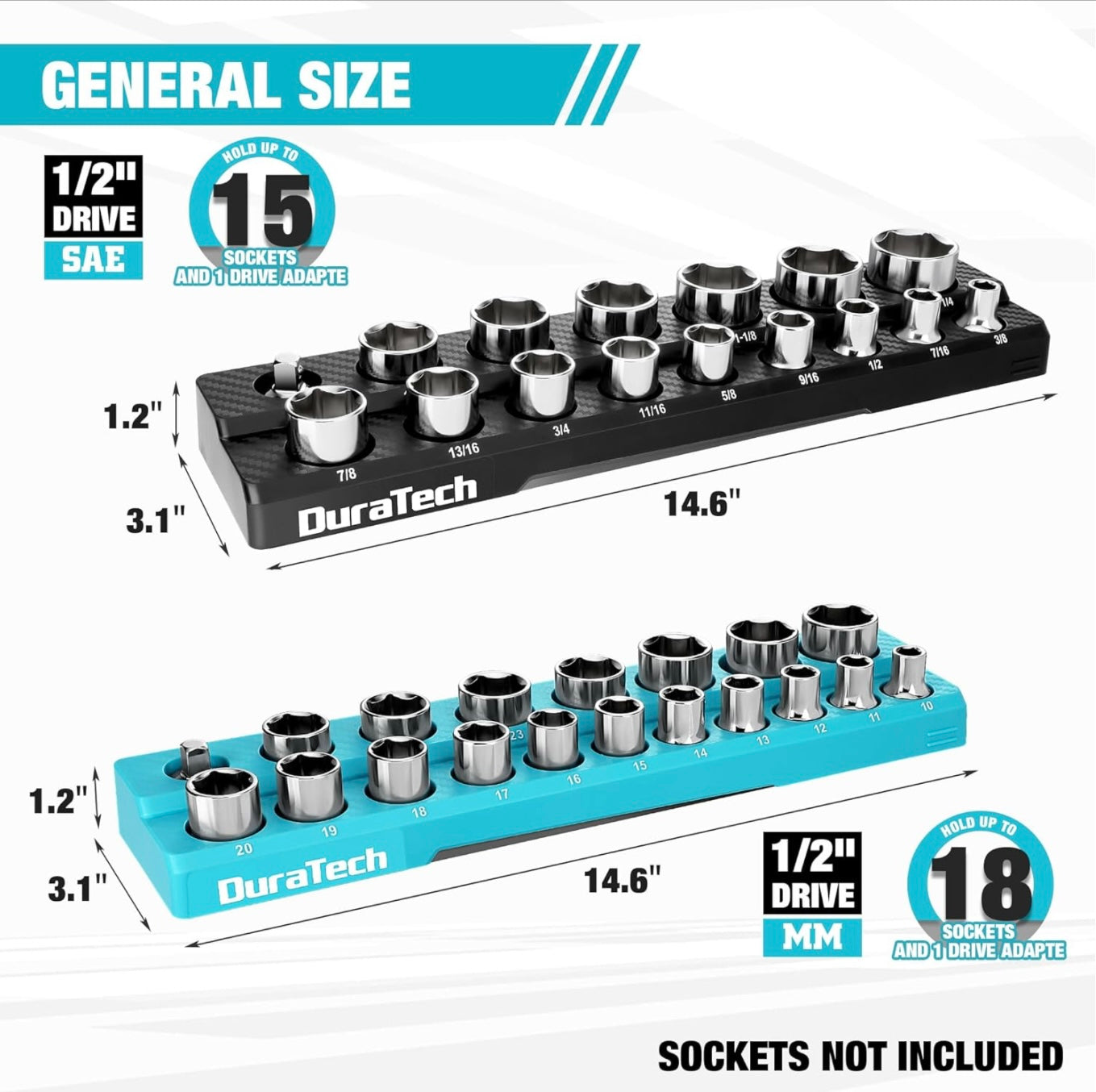 DURATECH 2PC SAE & Metric 1/2” Drive Magnetic Socket Organizer Set, Hold 35 Pieces Standard Size Sockets (Sockets Not Included)