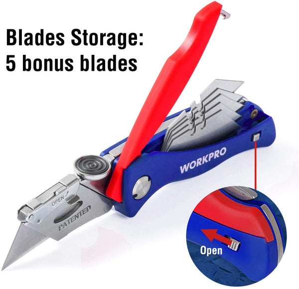 WORKPRO Quick-Change Folding Utility Knife w/ Thumb Rest & Blade Storage