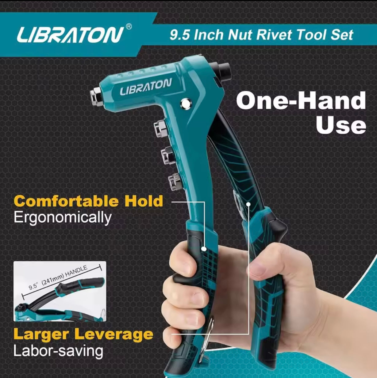 LIBRATON 9.5” One-Handed Rivet Nut Tool Set w/ 4 Interchangeable Mandrels