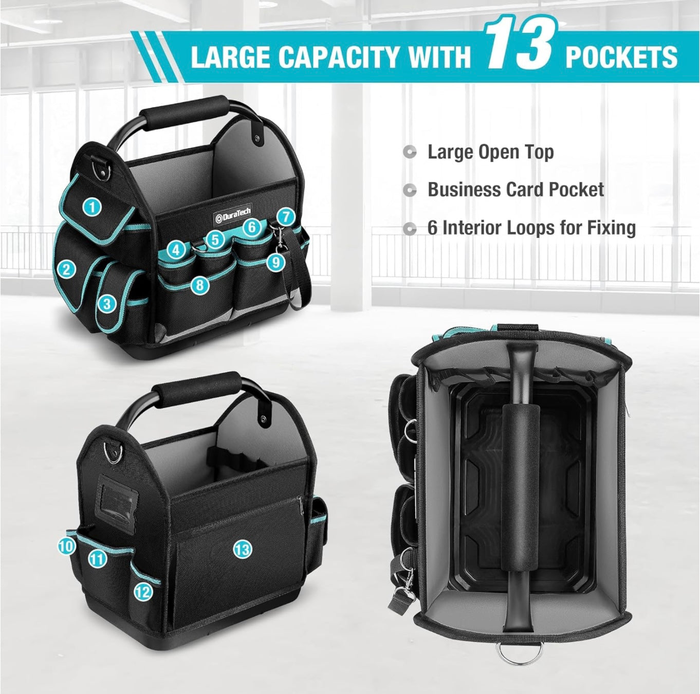 DURATECH 12” Multi-Pocket Open Top Tool Tote w/ Waterproof Hard Bottom, Rotating Handle