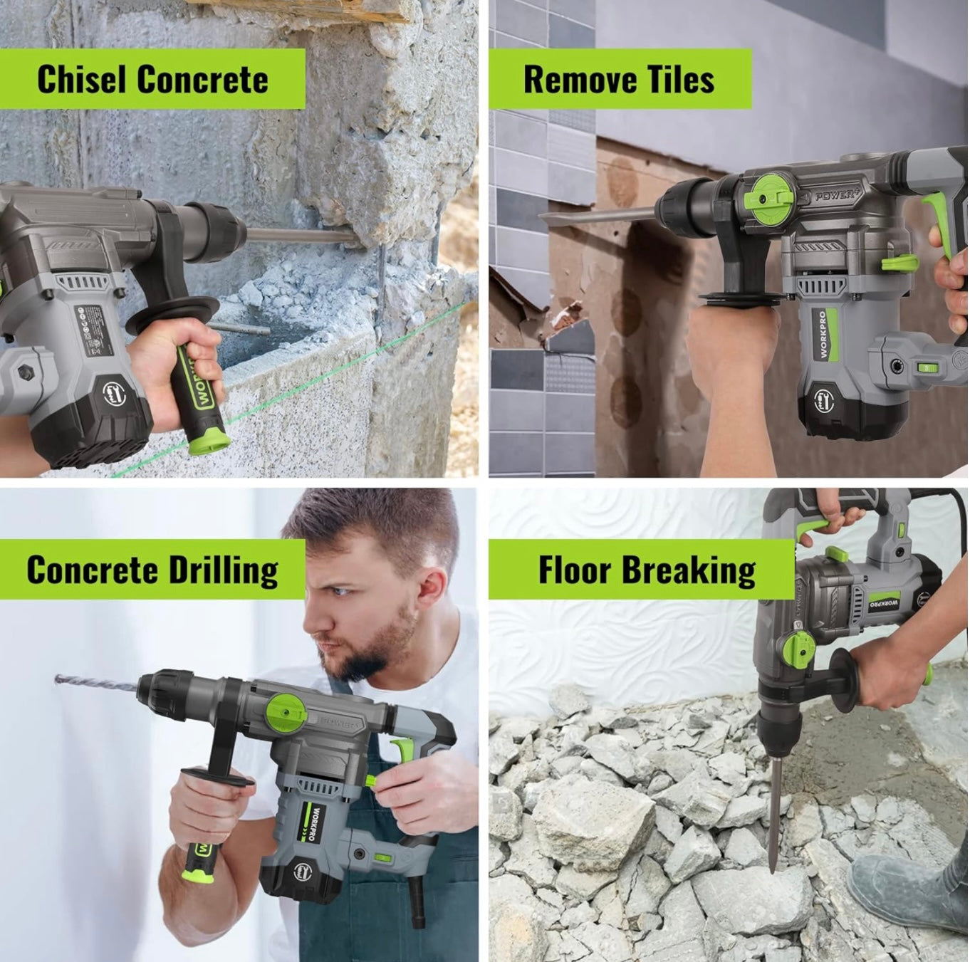 WORKPRO Heavy-Duty 12.5AMP Premium 1-1/4” SDS-Plus Rotary Hammer Drill