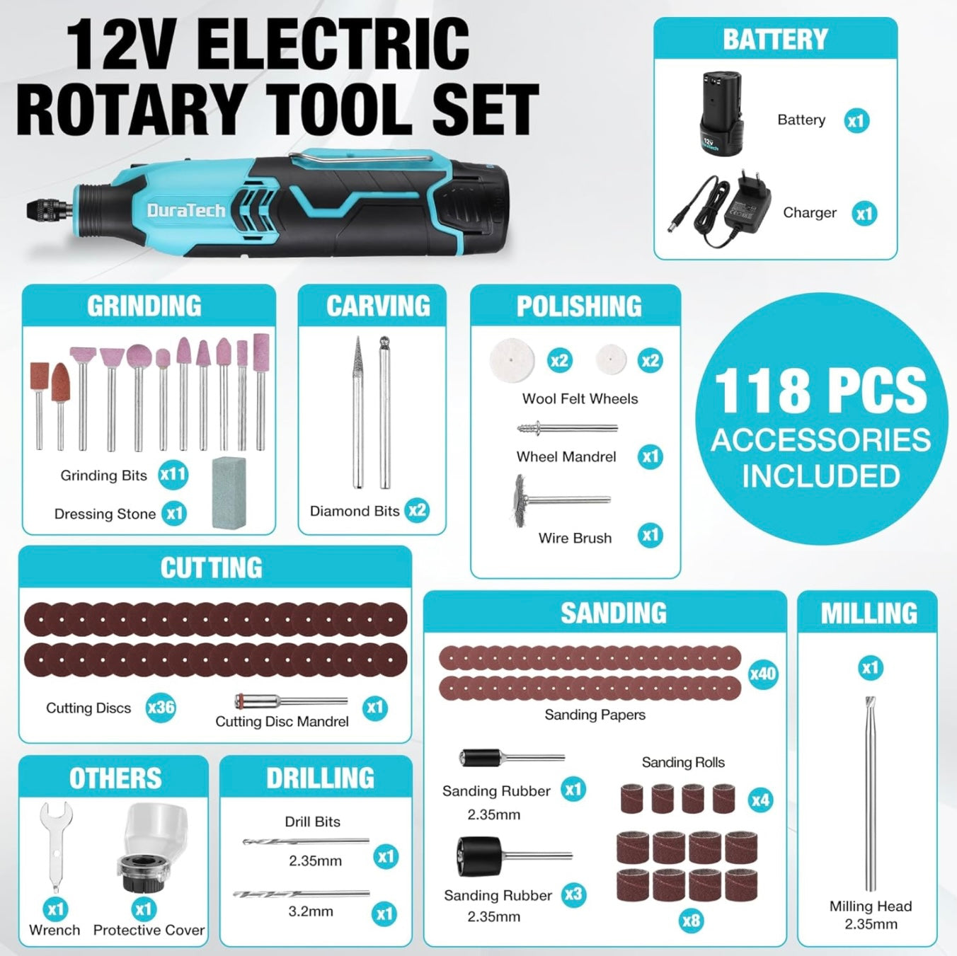 DURATECH 121PC 12V Cordless Rotary Tool Kit w/ 2.0Ah Rechargeable Battery, 118PC Accessories for Grinding, Carving, Polishing, Cutting, Drilling, Sanding, Milling