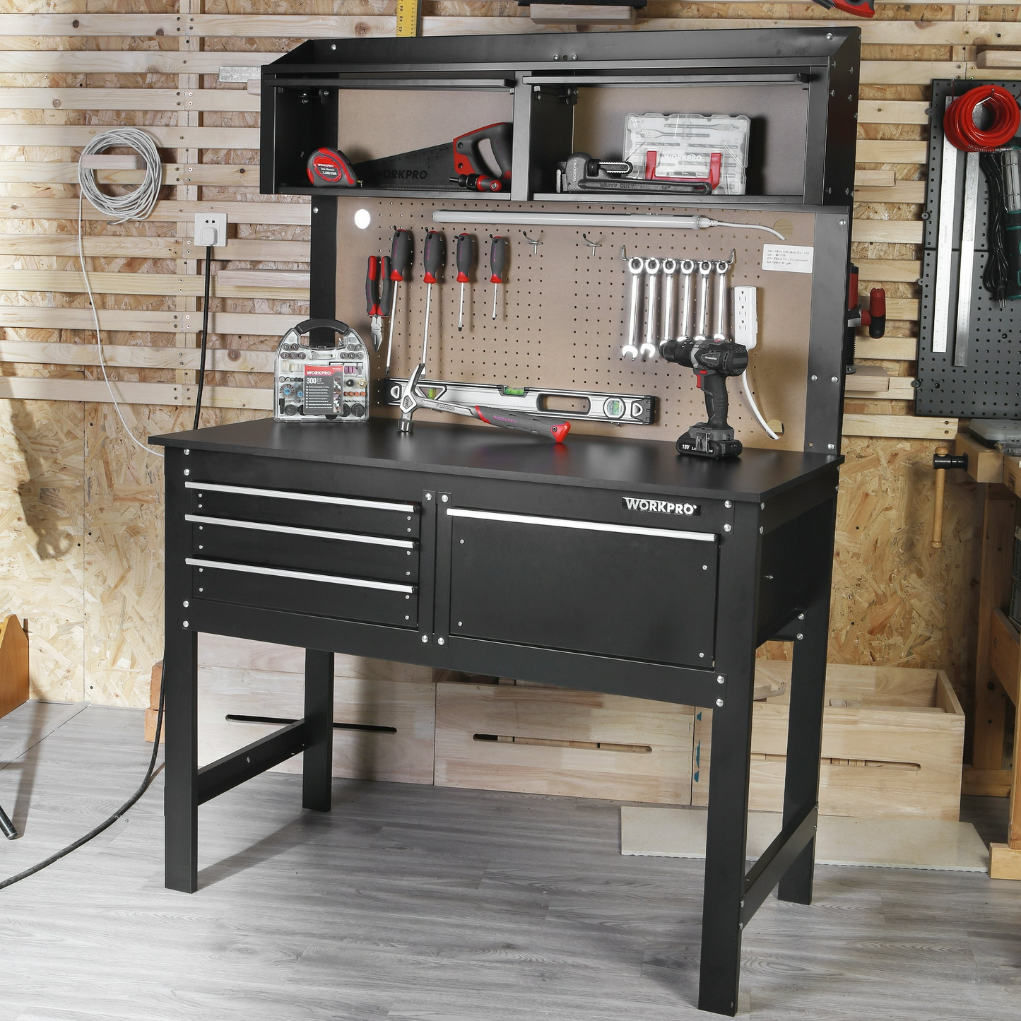 WORKPRO 2-in-1 48” Workbench and Cabinet Combo w/ Light