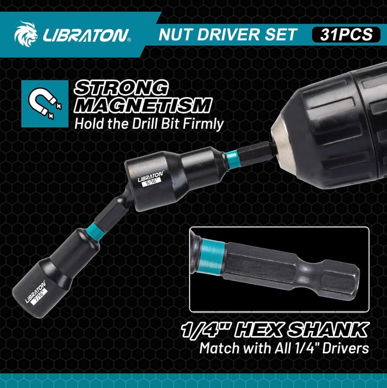 LIBRATON 31PCS 1/4” Magnetic Nut Driver Set - Metric & SAE w/ Impact to Hex Converter, PH1, PH2, Storage Box