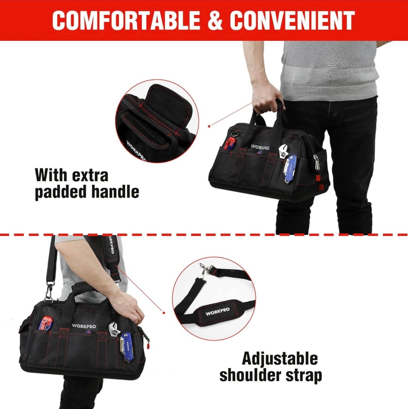 WORKPRO 16” Close Top Wide Mouth Tool Storage Bag w/ Water Proof Rubber Base