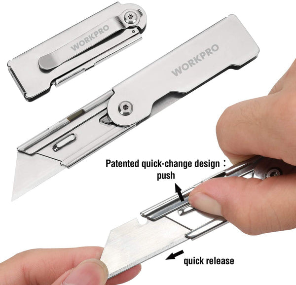 WORKPRO 3-Pack Mini Quick Change Folding Pocket Utility Knife w/ Belt Clip Set, Stainless Steel