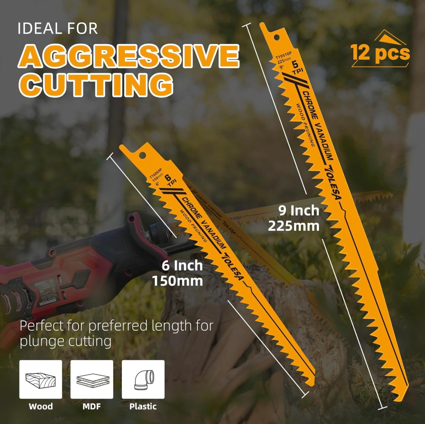 TOLESA 12PK 6”+ 9” Wood Pruning CR-V Reciprocating Saw Blades