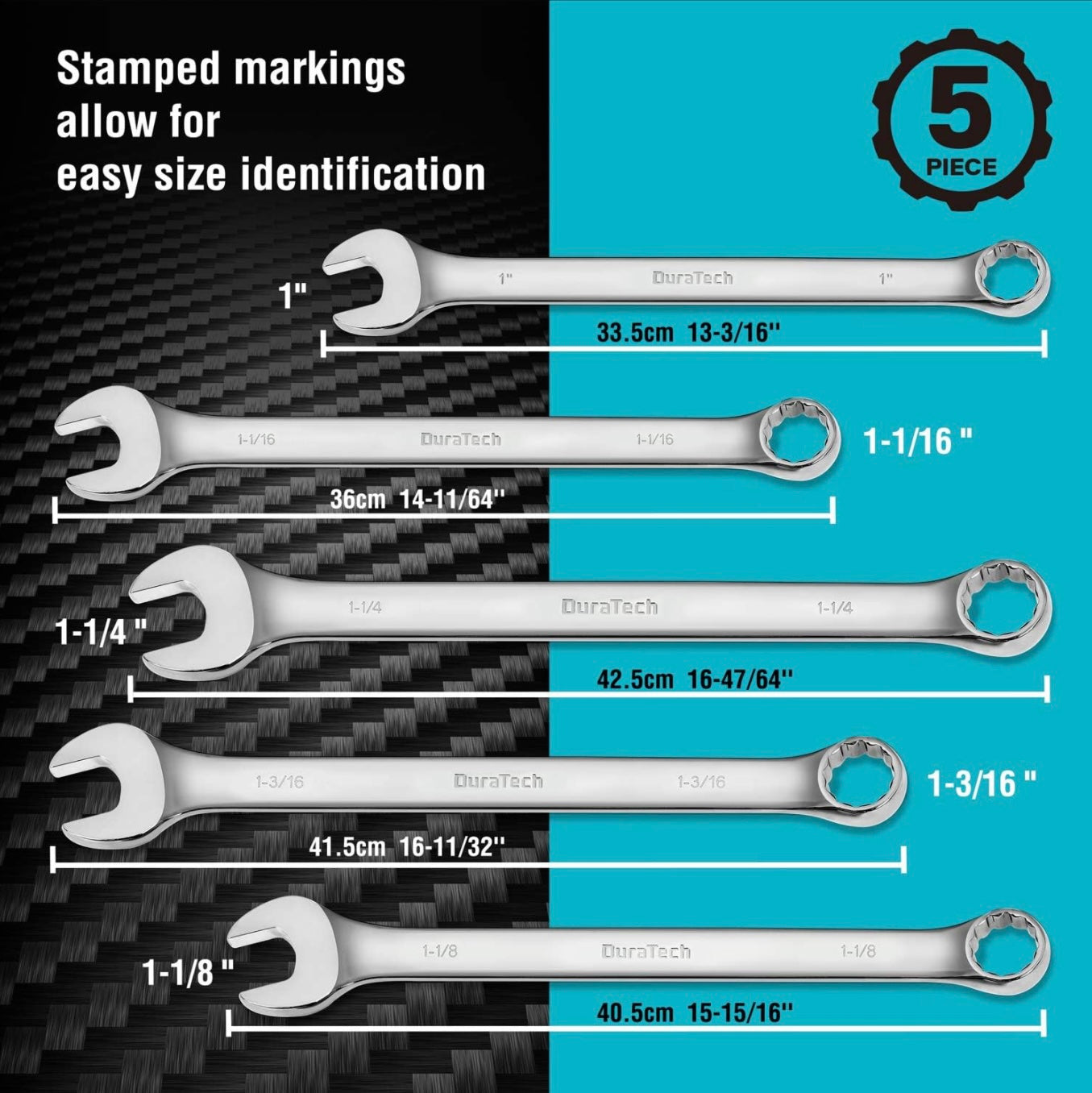 DURATECH 5PC Long Pattern Combination Wrench Set, SAE, 1" to 1-1/4", 12 Point, w/ Rolling Pouch