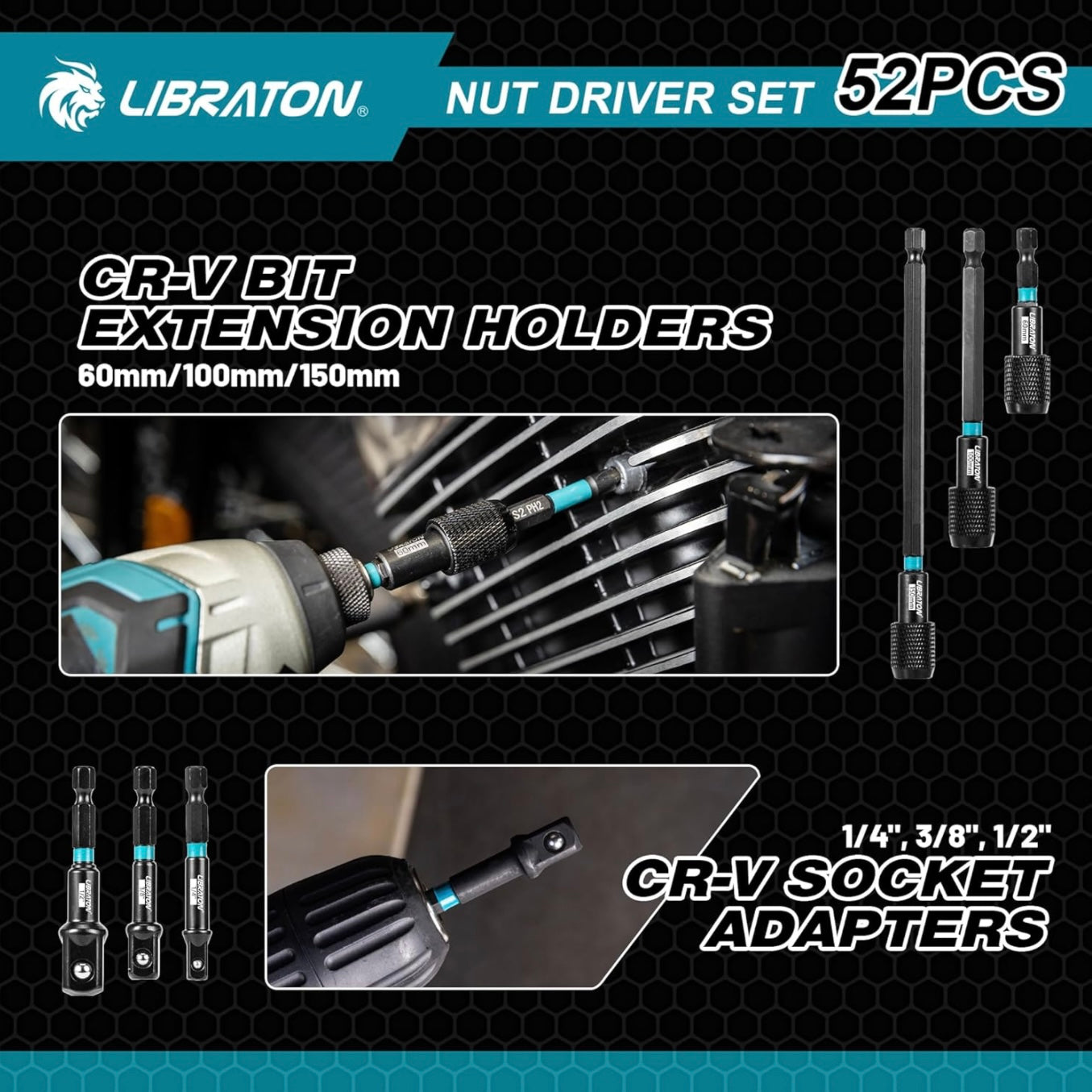 LIBRATON 52PC Magnetic Nut Driver Set - SAE, 1/4" Impact Drill Driver Bit, Nut Drivers for Impact Drill, Hex Converter, Socket Adapters, Screwdriver Bits, Extension, Wing Nut Driver, Storage Box