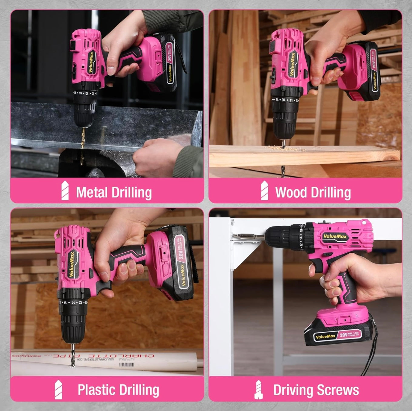 ValueMax 20V Pink Cordless Drill Set w/ Bits, LED Light, Magnetic Holder, 3/8-Inch Keyless Chuck, Battery, Charger
