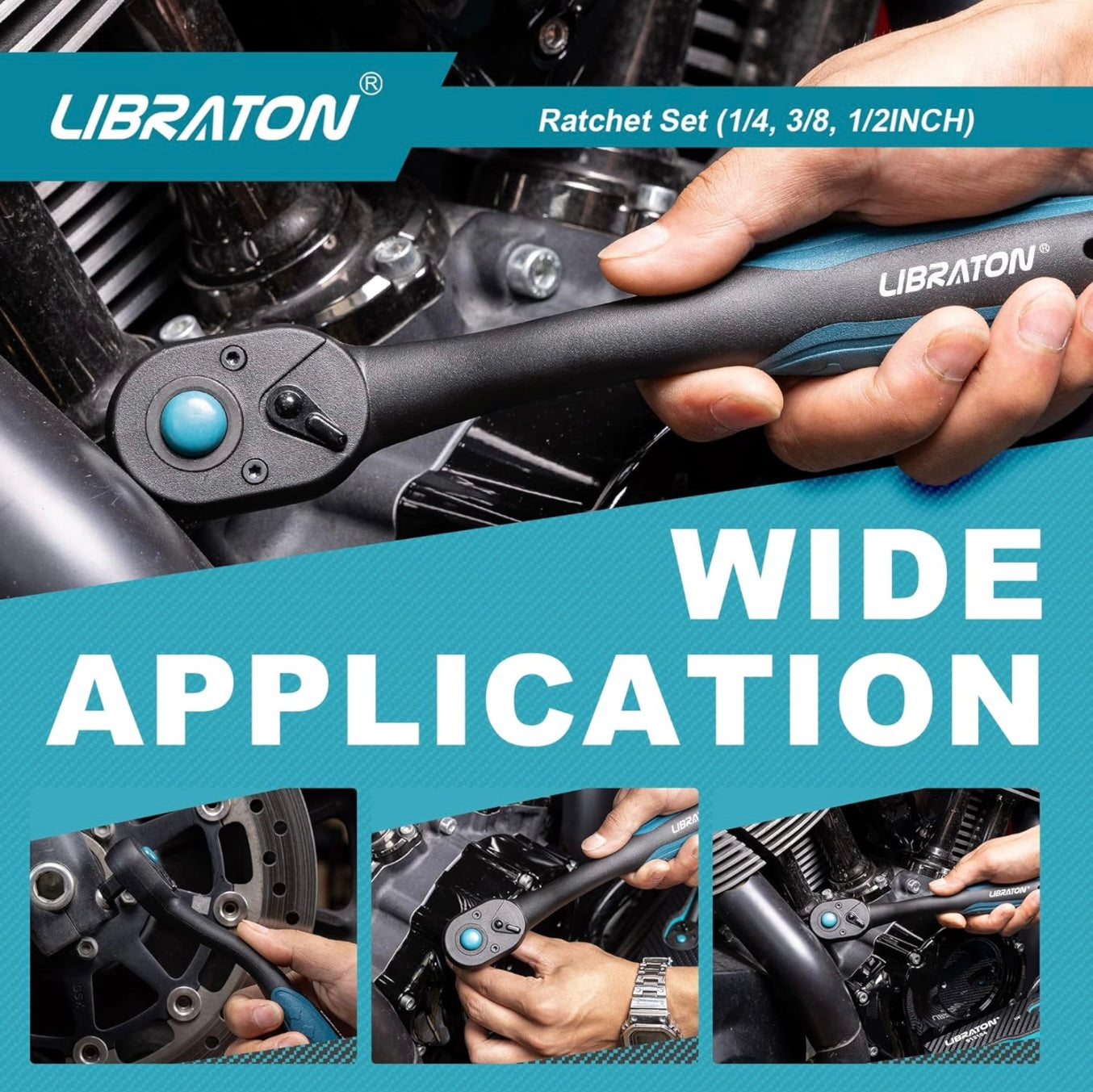 LIBRATON 3PC Heavy Duty Drive Ratchet Socket Wrench Set with Quick-Release Head, 72 Teeth, Reversible Design, Comfort Grip - 1/4”, 3/8”, 1/2”