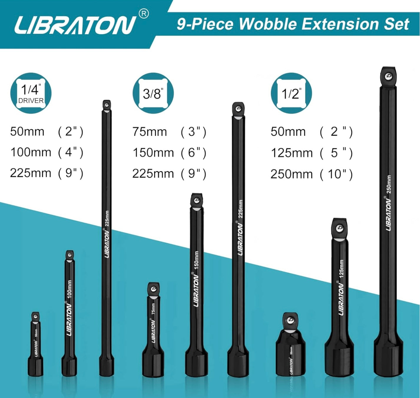 Libraton Wobble Socket Extension Set w/ EVA Storage Tray - 1/4”, 3/8”, 1/2”