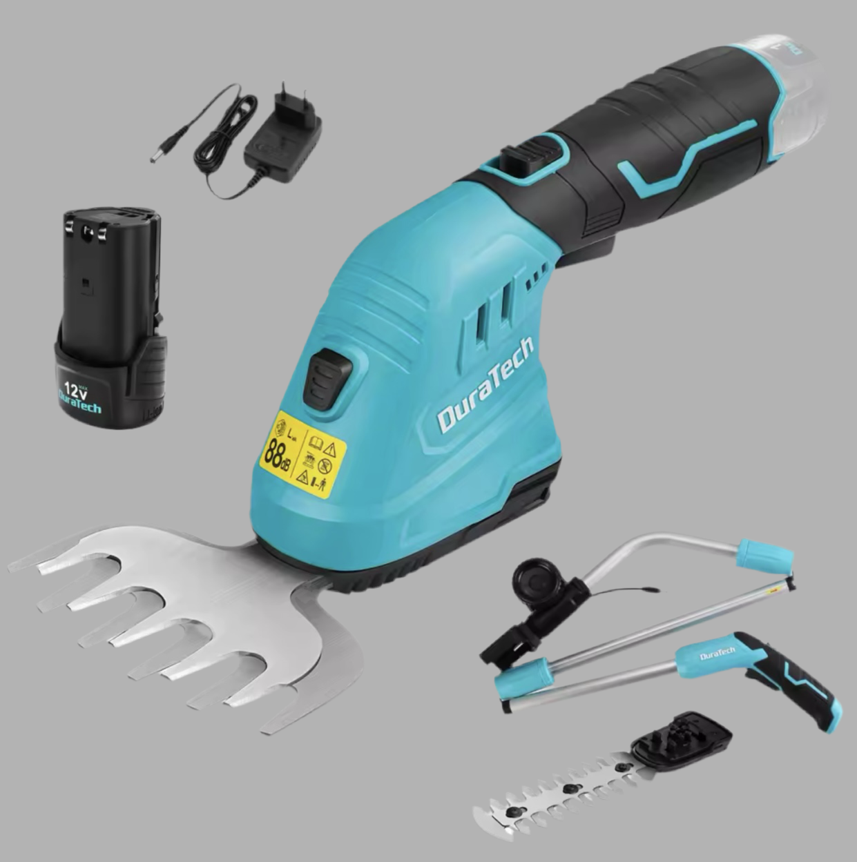 DURATECH 12V 2-in-1 Cordless Hedge Trimmer w/ 2.0Ah Li-Ion Battery, Charger & Storage Bag