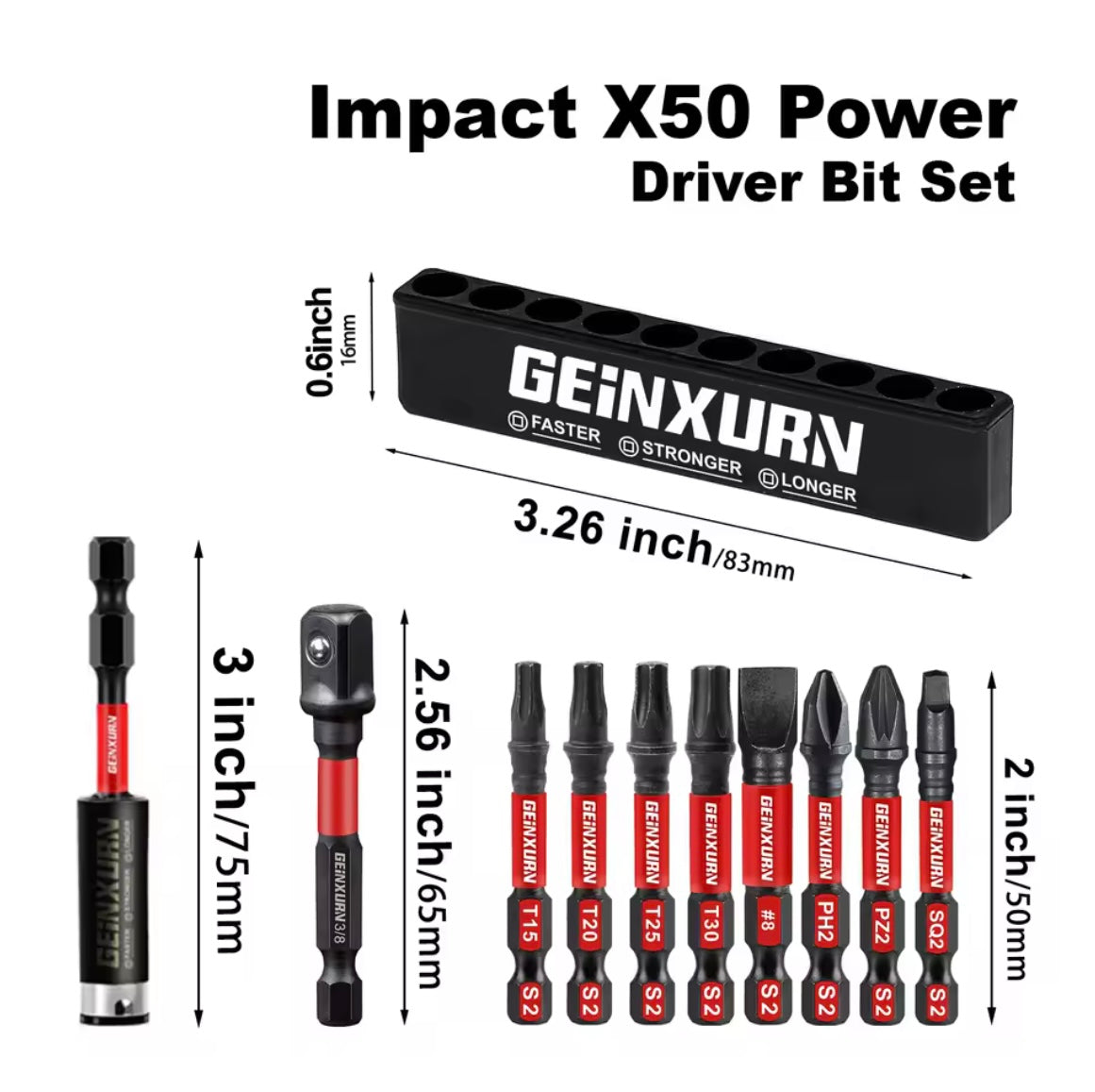 GEINXURN 10PC Impact X50 Power Driver Bit Set w/ Extension, Socket Adapter