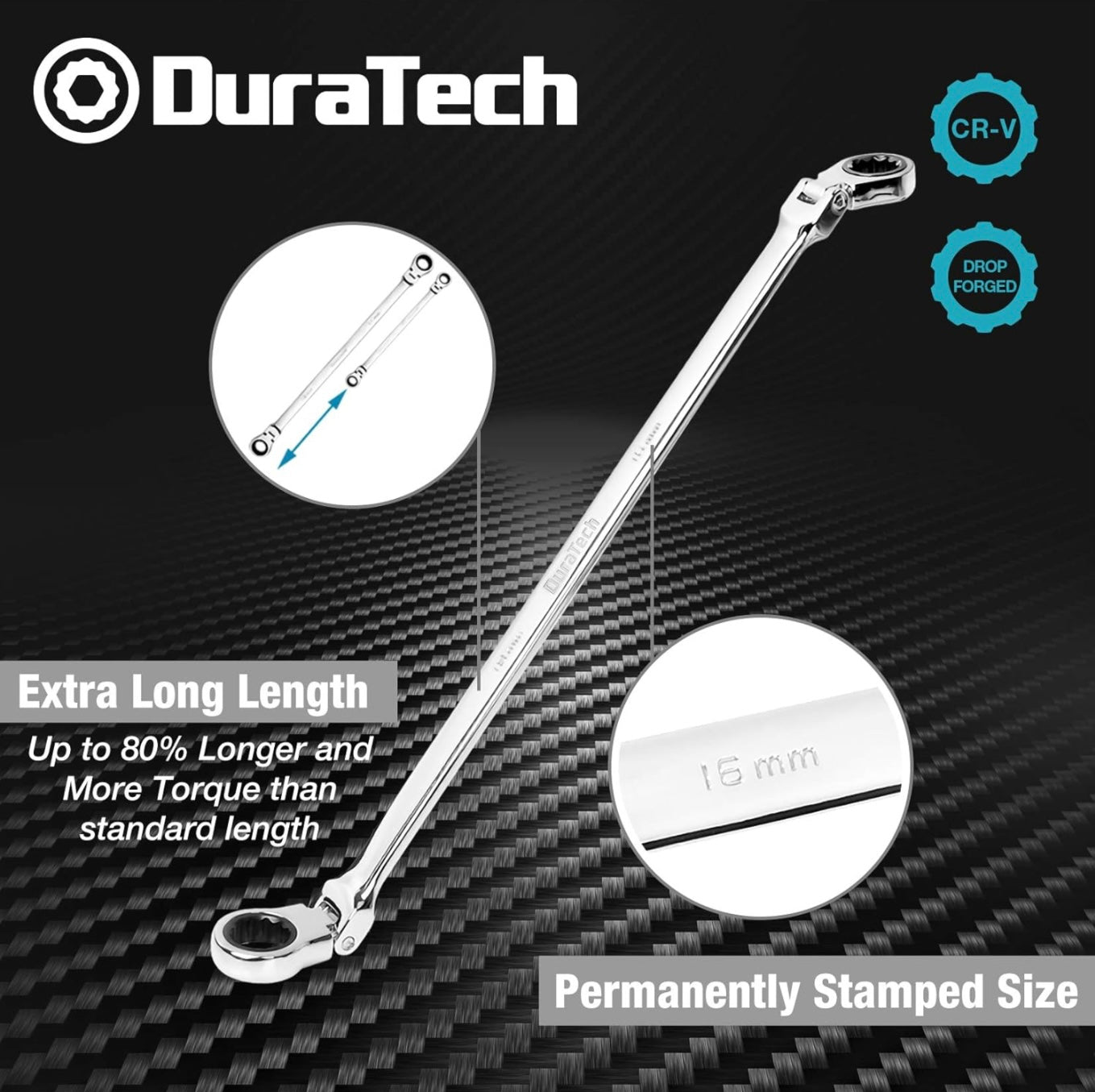 DURATECH 6PC Extra Long Flex-Head Double Box End Ratcheting Wrench Set, Metric 8-19 mm, w/ Roll-Up Pouch