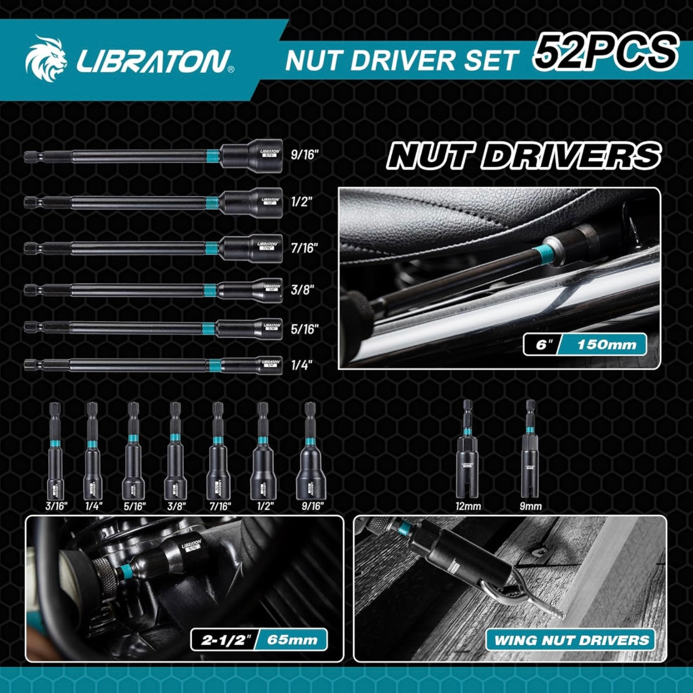 LIBRATON 52PC Magnetic Nut Driver Set - SAE, 1/4" Impact Drill Driver Bit, Nut Drivers for Impact Drill, Hex Converter, Socket Adapters, Screwdriver Bits, Extension, Wing Nut Driver, Storage Box