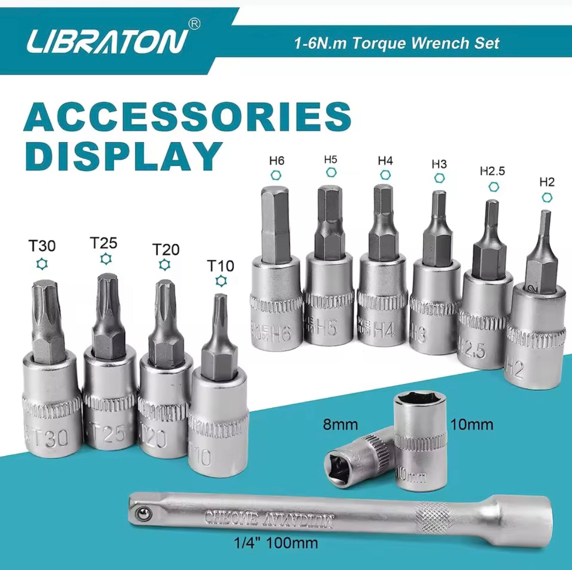 LIBRATON 14PC 1/4” Drive ClickTorque Wrench Set, 1-6N.m w/ Hex Bits, Torx Bits, Sockets, 1/4” Extensions