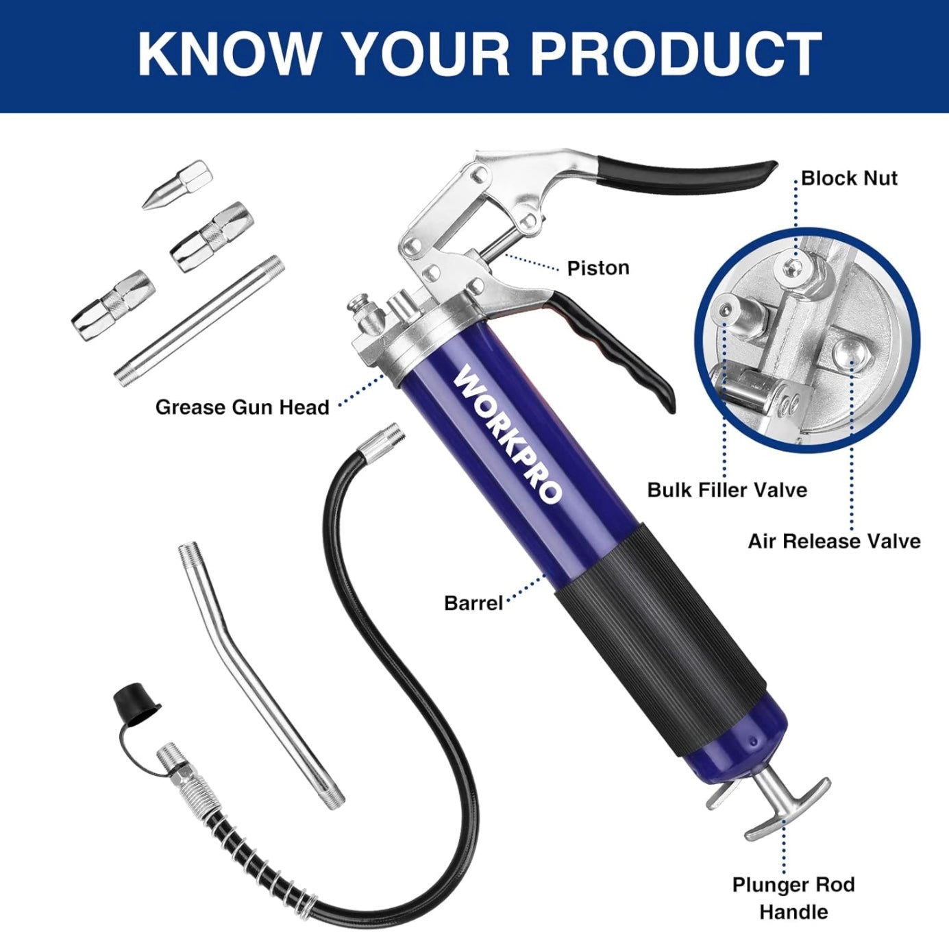WORKPRO 6000PSI Grease Gun Kit w/ 18inch Flexible Hose, 2 Fixed Tubes & 3 Nozzles, 14oz Load