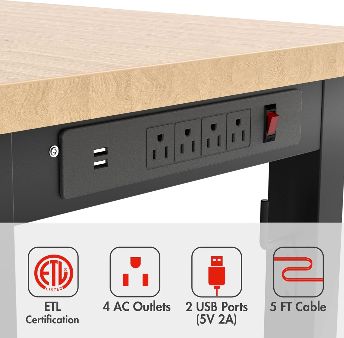 WORKPRO 48" Adjustable Heavy-Duty Workbench w/ Power Outlets, Rubber Wood Top, 2000lbs Load Capacity