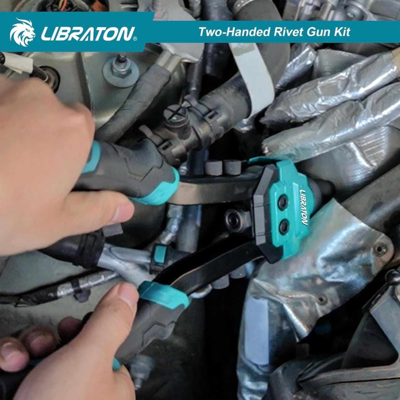 LIBRATON Heavy-Duty Two-Handed Pop Rivet Gun Kit w/ 250 Aluminum Rivets in Box, 5 Tool-Free Interchangeable Nozzles, 5 HSS Drill Bits