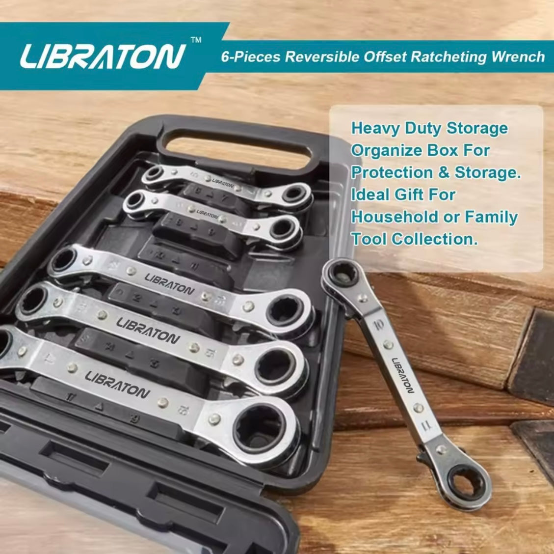 LIBRATON 6PC Reversible Offset Wrench Set - Metric w/ Storage Organizer Box