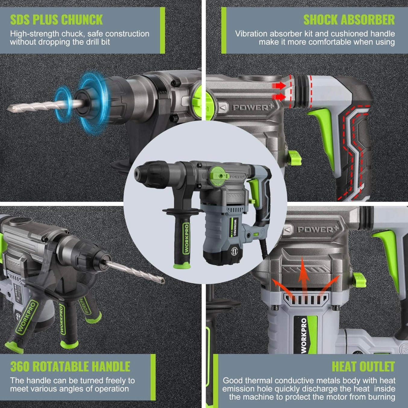 WORKPRO Heavy-Duty 12.5AMP Premium 1-1/4” SDS-Plus Rotary Hammer Drill