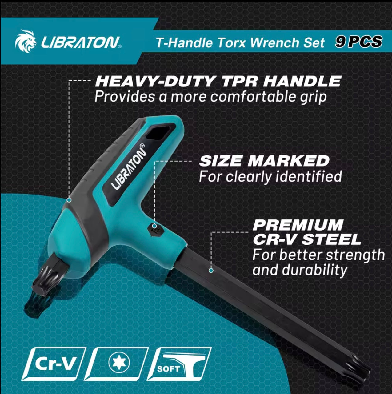 LIBRATON 9PC T-Handle Torx Wrench Set w/ Storage Rack, Two-Tip Design