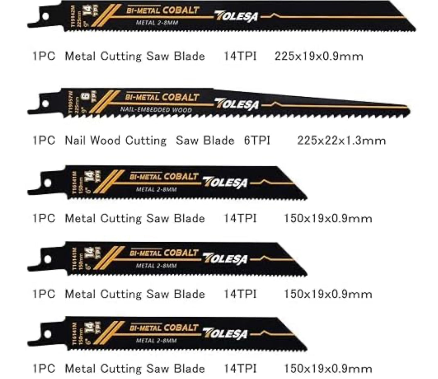 TOLESA 10PC 6” + 9” Metal/Woodcutting 5, 6, 14TPI Reciprocating Saw Blades