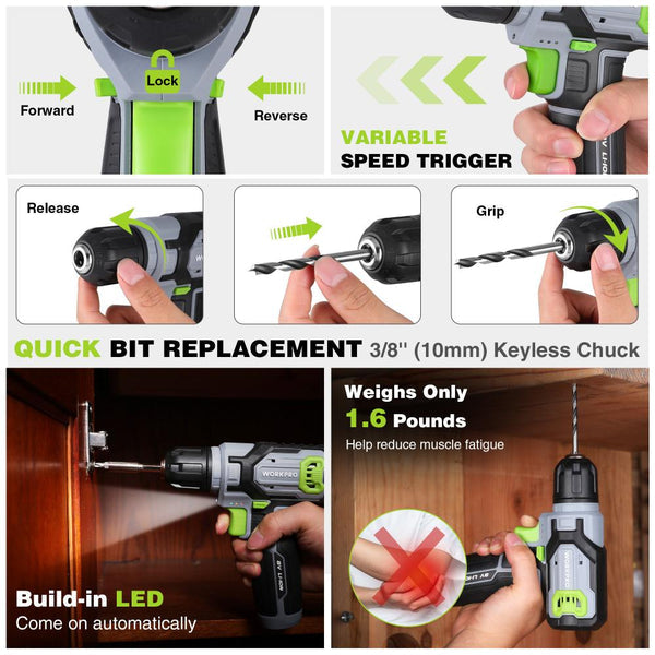 WORKPRO 8V Cordless Power Drill Set w/ Bit Set - 3/8" Keyless Chuck