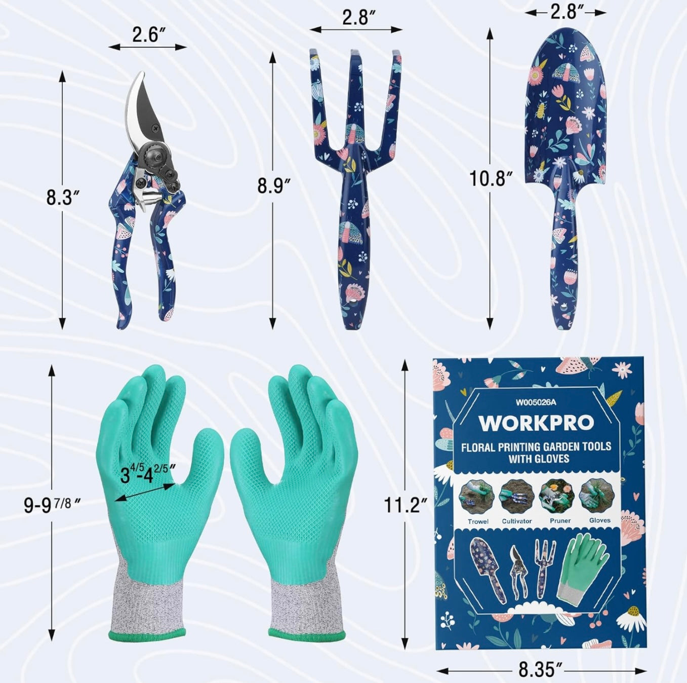 WORKPRO 4PC Aluminum Floral Print Garden Tool Set - Trowel, Rake, Pruner, Garden Gloves
