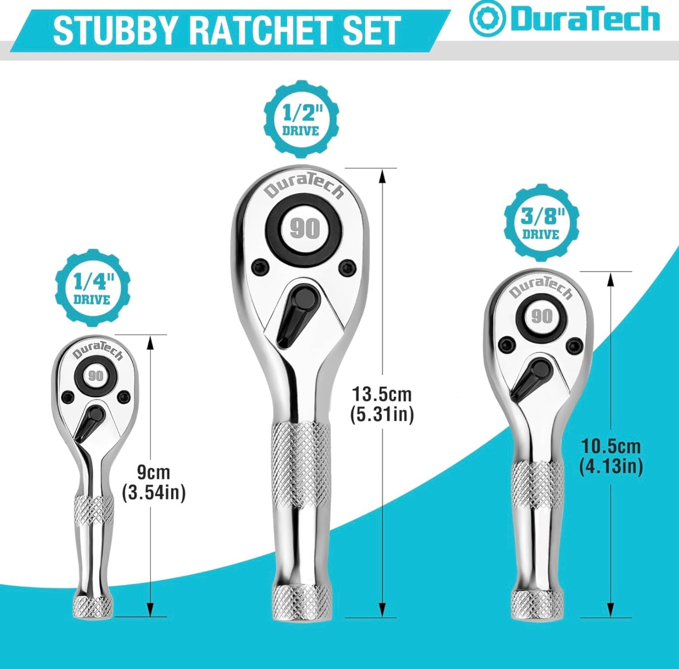 DURATECH 3PCS Stubby Ratchet Wrench Set, 1/4", 3/8", 1/2" Drive w/ EVA Organizer