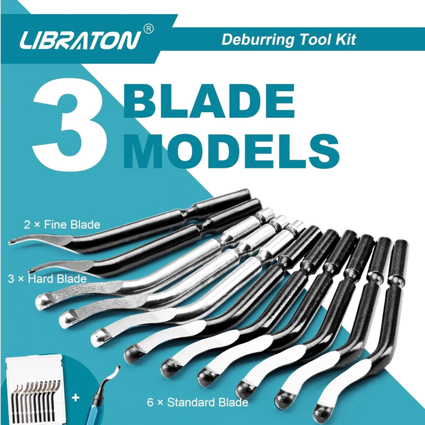 Libraton 12PC 360 Degree Rotary Head Deburring Tool w/ 11 High Speed Steel Blades