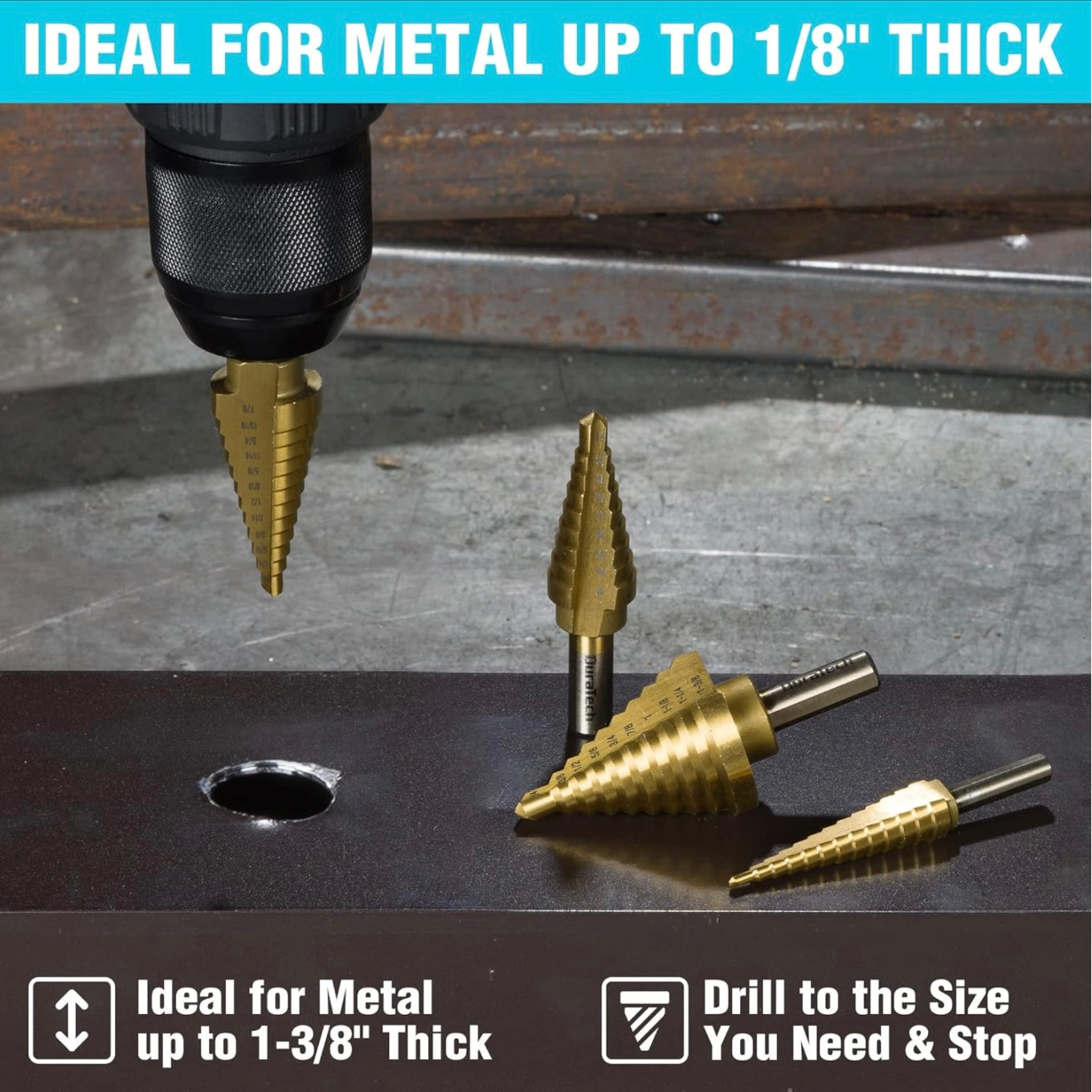 DURATECH 6-Piece Step Drill Bit Set with Automatic Center Punch, 50 Sizes in 5 High Speed Steel, Titanium Coated, Double Flute Cutting Blades Step Drill Bits for Metal, with Storage Case