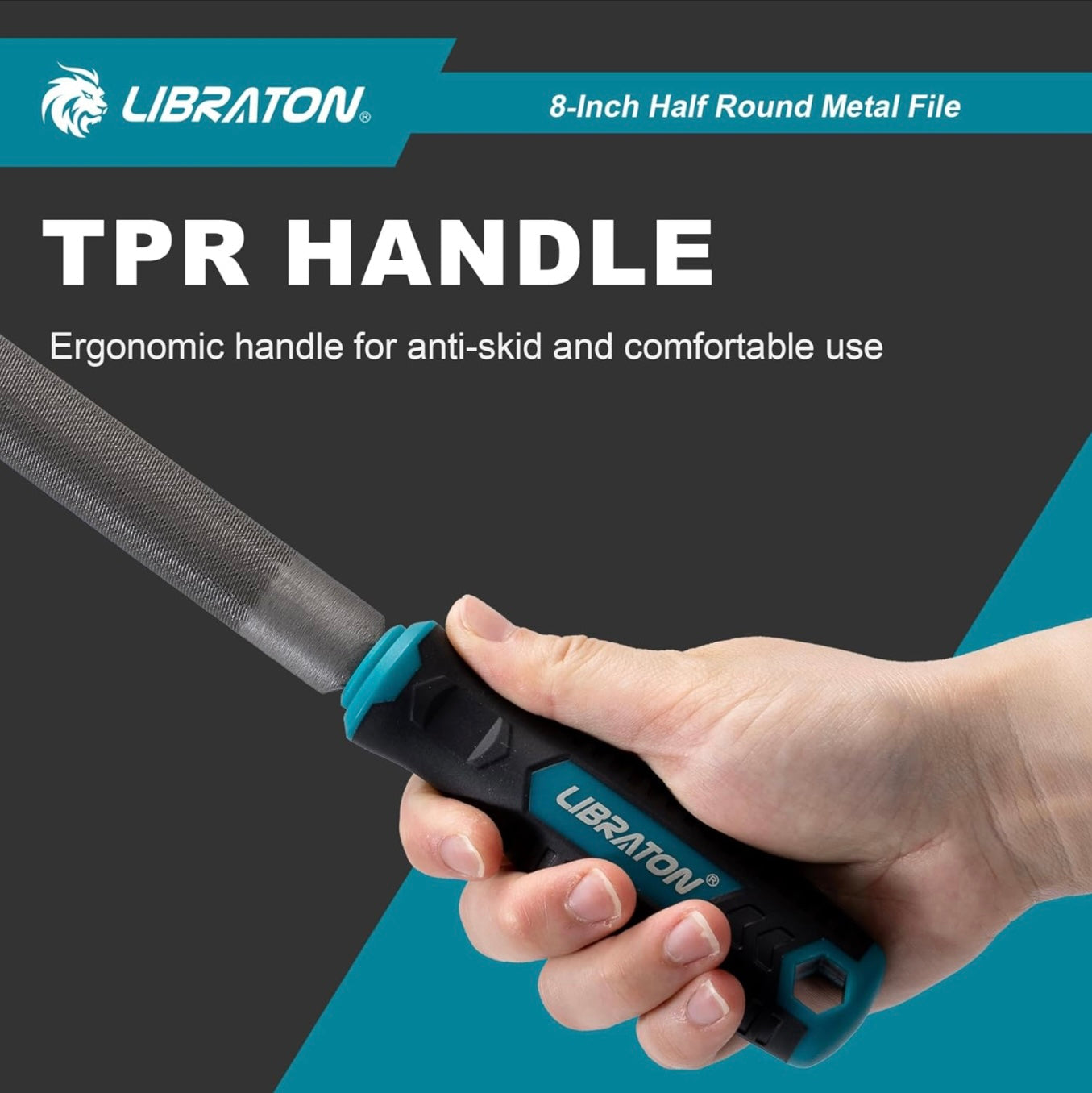 LIBRATON 8” Half Round Metal File w/ Ergonomic Handle