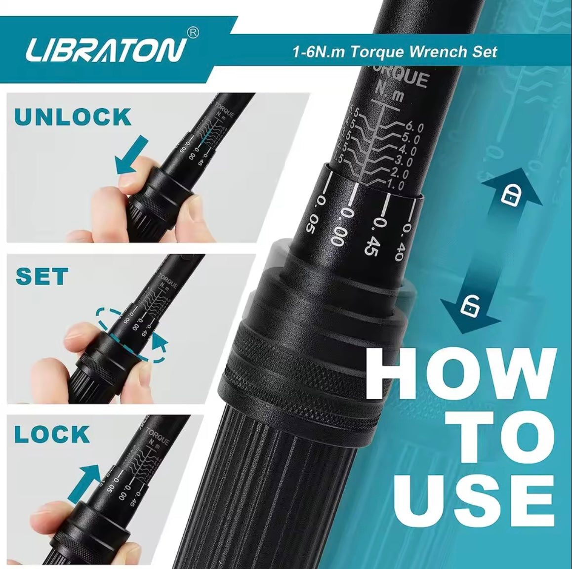 LIBRATON 14PC 1/4” Drive ClickTorque Wrench Set, 1-6N.m w/ Hex Bits, Torx Bits, Sockets, 1/4” Extensions
