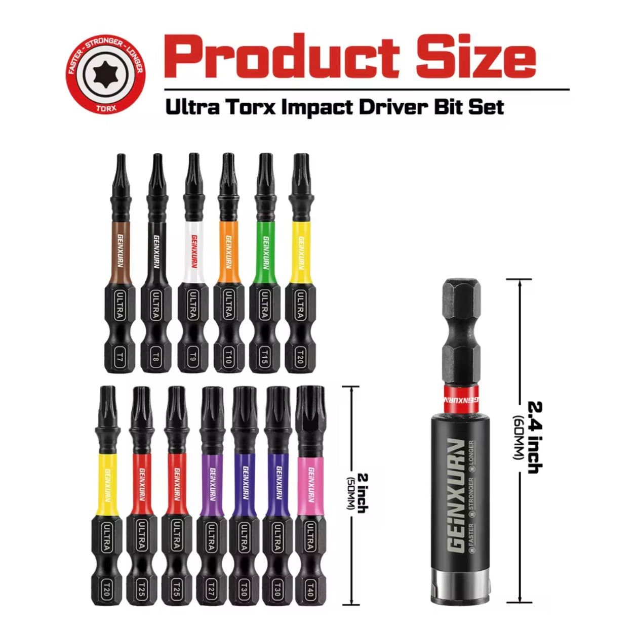 GEINXURN 27PC Ultra Torx Impact Driver Bit Set w/ Bit Holder Extension, Organizer Sleeves