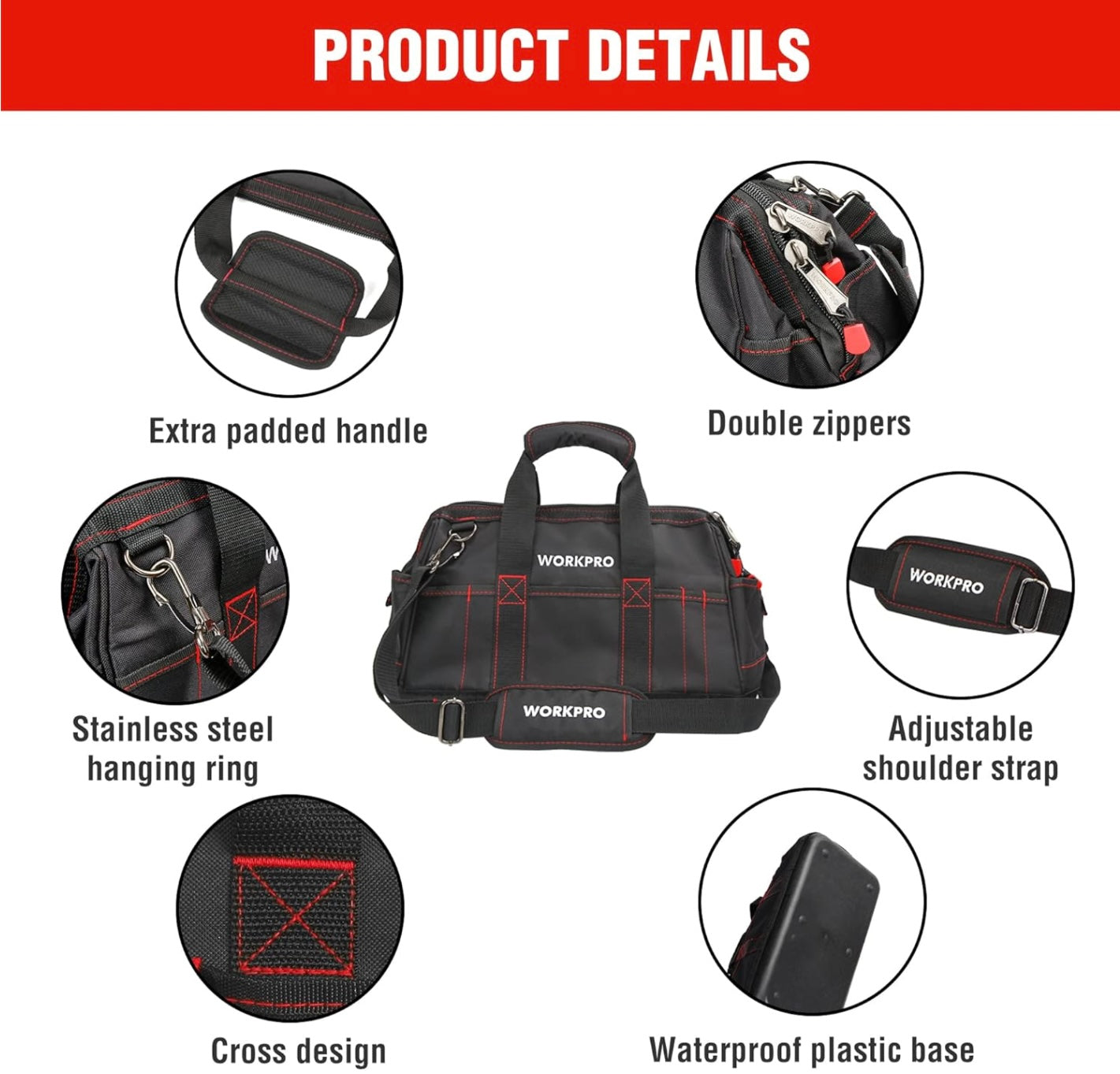 WORKPRO 16” Close Top Wide Mouth Tool Storage Bag w/ Water Proof Rubber Base
