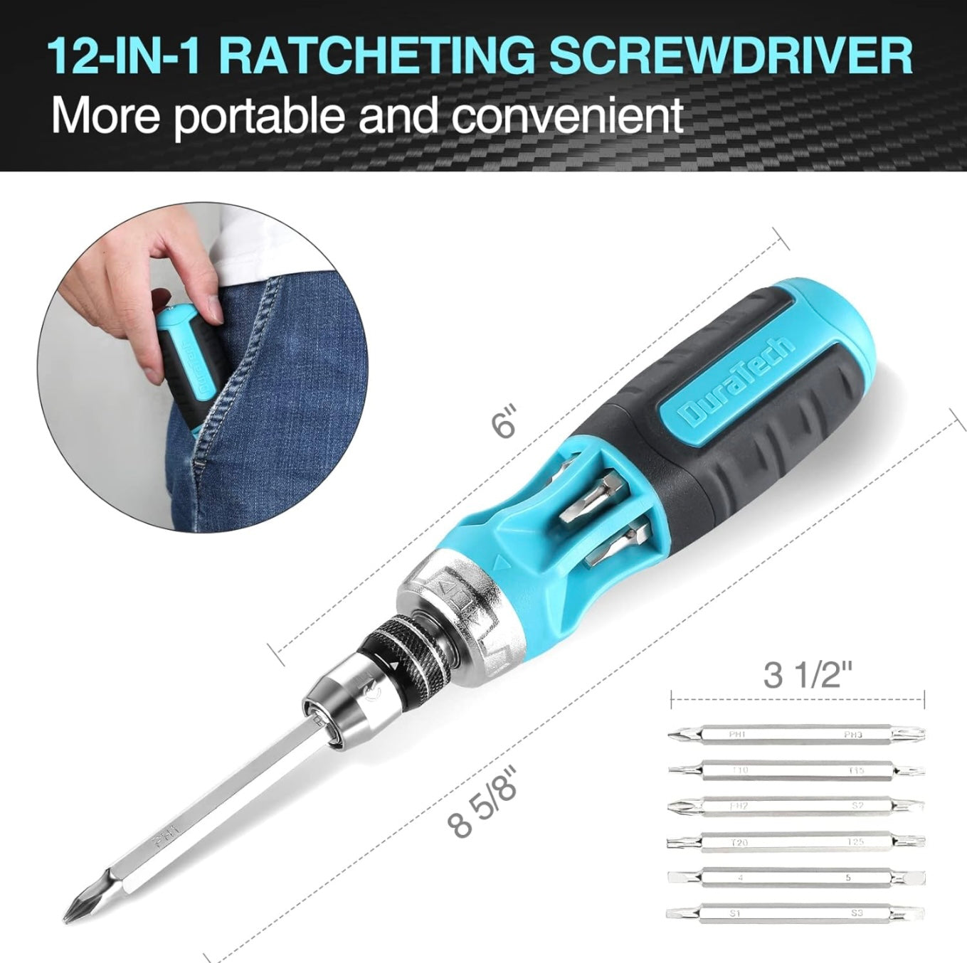 DURATECH 12-IN-1 Multi-Bit Ratcheting Screwdriver w/ Double Ended Bits